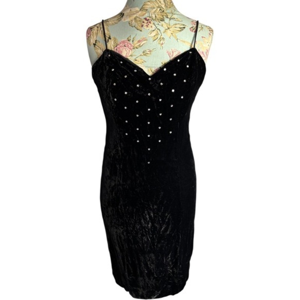 Vintage Womens Alex Evenings Black Velvet Strappy Mini Dress Sz S Whimsigoth - Picture 2 of 9